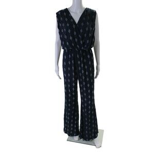 Cindi Gindi Womens Diamond Print V Neck Sleeveless Jumpsuit Navy Blue Size Small